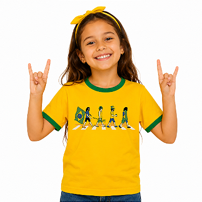 Camiseta Brasil Road Unissex Infantil Amarela com gola e punhos verdes