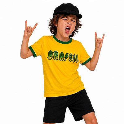 Camiseta Brasil Rocks Unissex Infantil Amarela com gola e punhos verdes