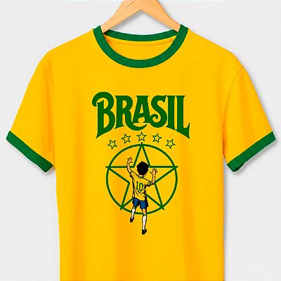 Camiseta Brasil Rush Estrela pro Hexa com gola e punhos verdes com mangas curtas premium