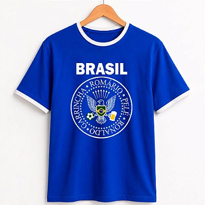 Camiseta Brasil Punk Rock azul com gola e punhos brancos com mangas curtas premium