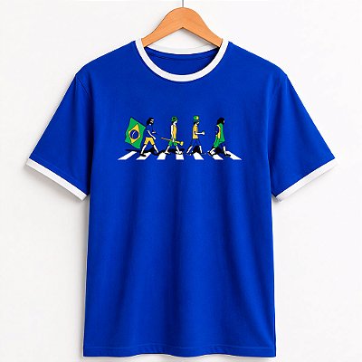 Camiseta Brasil Road azul com gola e punhos brancos com mangas curtas premium