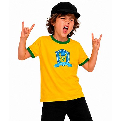 Camiseta Brasil For those about rock amarela com gola e punhos verdes Infantil