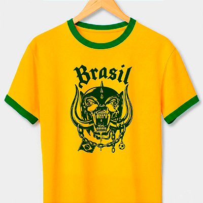 Camiseta Brasil Motor amarela com gola e punhos verdes premium