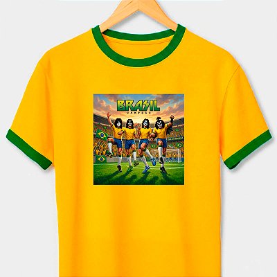 Camiseta Brasil Campeao amarela com gola e punhos verdes premium