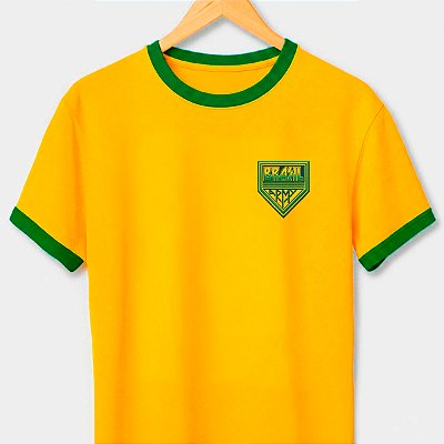 Camiseta Brasil Army amarela com gola e punhos verdes premium