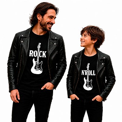 Kit Camisetas Premium Tal Pai tal filho Rock and Roll Guitarras Masculina e Infantil unissex pretas com mangas curtas