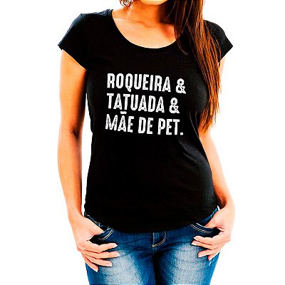 Camiseta Roqueira & Tatuada & Mae de pet tamanho adulto com mangas curtas na cor Preta Premium