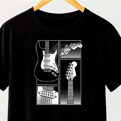 Camiseta Mosaico Guitarra Strato tamanho adulto com mangas curtas na cor Preta Premium