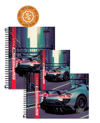 Kit Speed Max #03 - Caderno colegial 01 matéria capa dura, Caderno ¼ capa dura e Caderno de Desenho Capa Dura