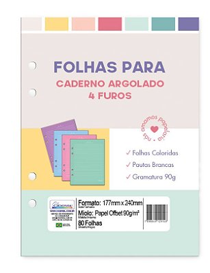 Refil Caderno Colegial Argolado - Folhas Coloridas com Pautas Brancas Refis FPCR01