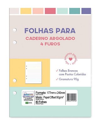 Refil Caderno Colegial Argolado – Folhas Brancas com Pautas Coloridas Refis FPCR04