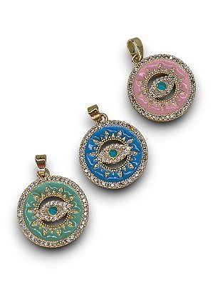 Pingente Medalha Olho Esmaltado e Micro Zircônia