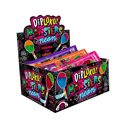 Pirulito DIPLOKO Monster + Neon 300g - c/ 30 un (Sabores Morango, Uva e Laranja)