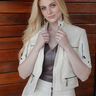 Casaqueto Couro Pelica Zipper Off White - Karine Daher