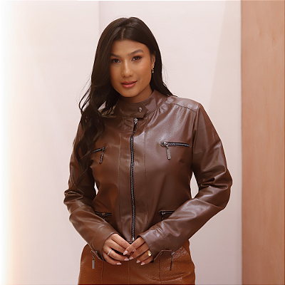 Jaqueta Couro Pelica Lisa Zipper Marrom - Karine Daher