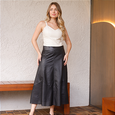 Saia Couro Pelica Midi Perfurada Preta - Karine Daher