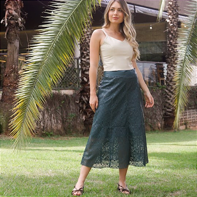 Saia Couro Pelica Toda Perfurada Verde - Karine Daher