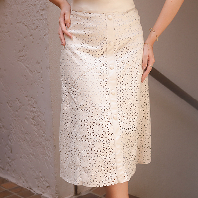 Saia Couro Pelica Detalhe a Laser Off White - Karine Daher