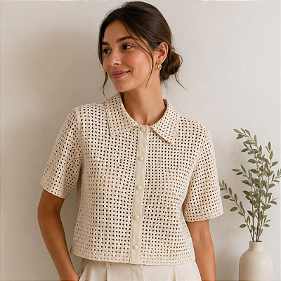 Casaqueto Camisa Couro Pelica Perfurado Off White - Karine Daher