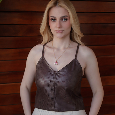 Blusa Couro Pelica Perfurada Zipper Marrom - Karine Daher