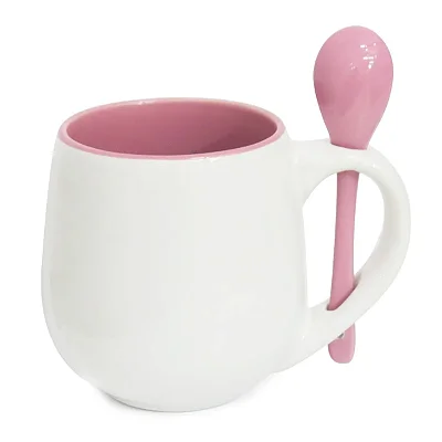 Caneca Branca Belly com Colher e Interior Rosa - 350ml - para Sublimação