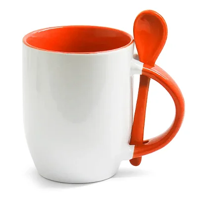 Caneca Branca com Colher, Interior e Alça Colorida - Laranja (Cônica) – 325ml | Ideal para Sublimação