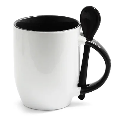 Caneca Branca com Colher, Interior e Alça Colorida - Preta (Cônica) – 325ml | Ideal para Sublimação