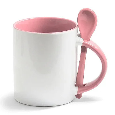 Caneca com Colher Rosa 325ml para Sublimação