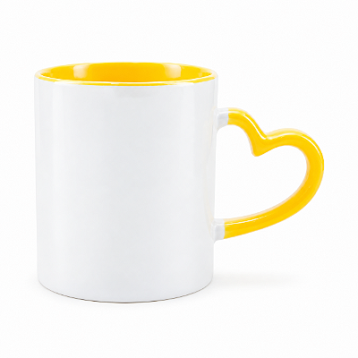 Caneca Alça Coração Amarela 325ml para Sublimação