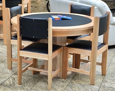Mesa de Carteado Poker Redonda 100% Madeira Maciça com 4 cadeiras Black edition