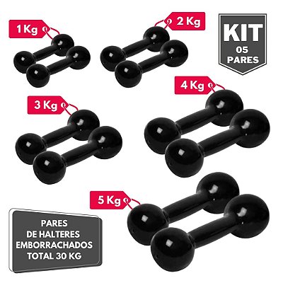 KIT HALTERES EMBORRACHADOS DE 1 A 5 KG (1 PAR DE CADA QUILAGEM)