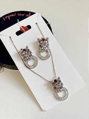 Conjunto semi jóia brinco e colar tigre pedraria