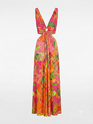 Vestido rosa folhagem Farm - tam P