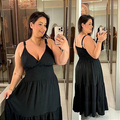 Vestido Alça Farm Liso Preto Plus Size