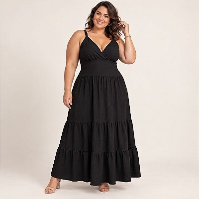 Vestido Alça Farm Liso Preto Plus Size