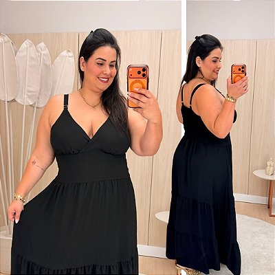 Vestido Alça Farm Liso Preto Plus Size