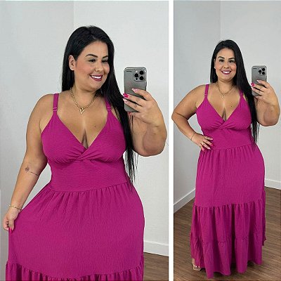 Vestido Alça Farm Liso Fúcsia Plus Size
