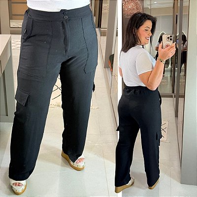 Calça Pantalona Cargo MG Preto Plus Size