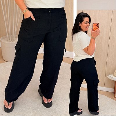 Calça Pantalona Cargo MG Preto Plus Size