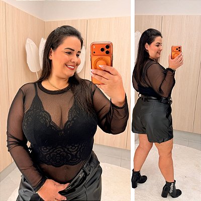 Body Tule Manga Preto Plus Size