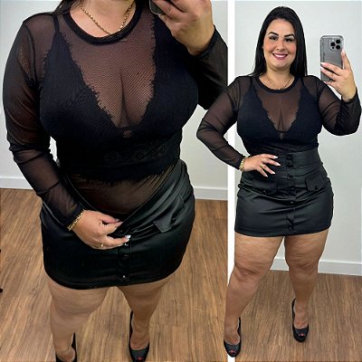 Body Tule Manga Preto Plus Size