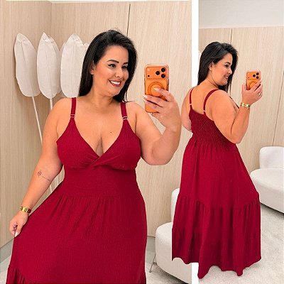 Vestido Alça Farm Liso Vinho Plus Size