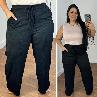 Calça Pantalona Canelada Veronica Preto Plus Size