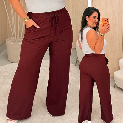 Calça Pantalona Canelada Veronica Marsala Plus Size