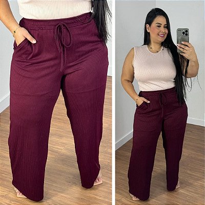Calça Pantalona Canelada Veronica Marsala Plus Size