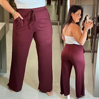 Calça Pantalona Canelada Veronica Marsala Plus Size