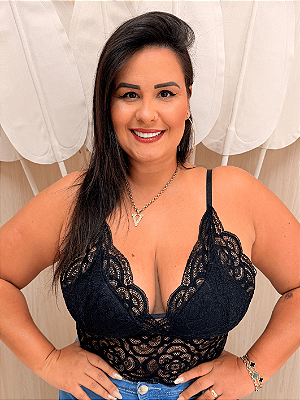 Cropped Alça Renda Preto Plus Size
