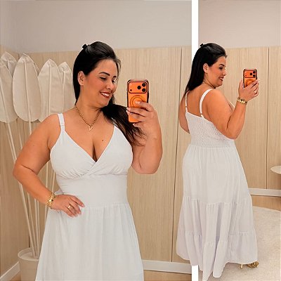 Vestido Alça Farm Liso Branco Plus Size