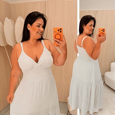 Vestido Alça Farm Liso Branco Plus Size