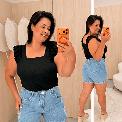 Regata Canelada Preta Plus Size